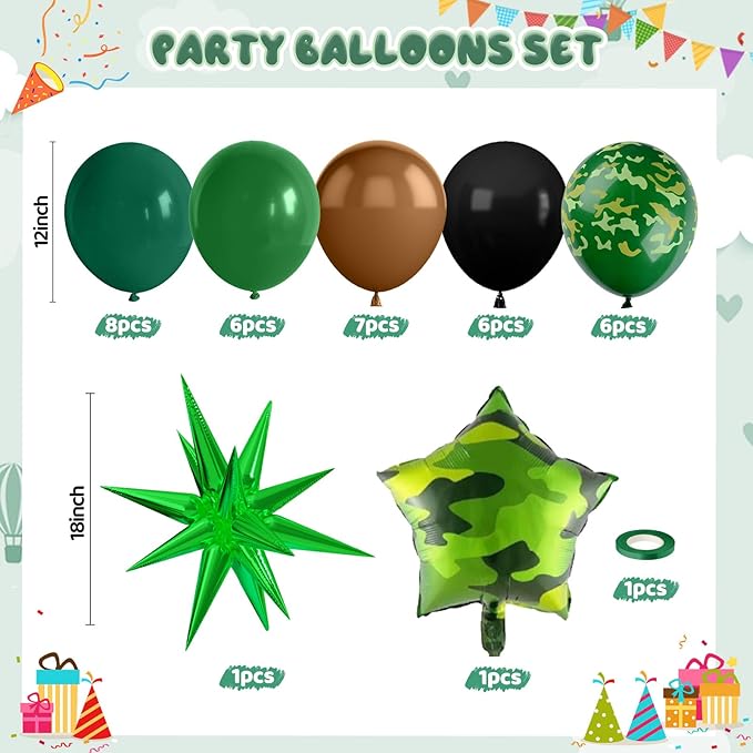 Camo Balloons, 12 Inch Green and Brown Party Balloons Camouflage Party Decoration with Star Foil Balloon for Hunting Camping Game Jungle Theme Camo Birthday Party Decorations