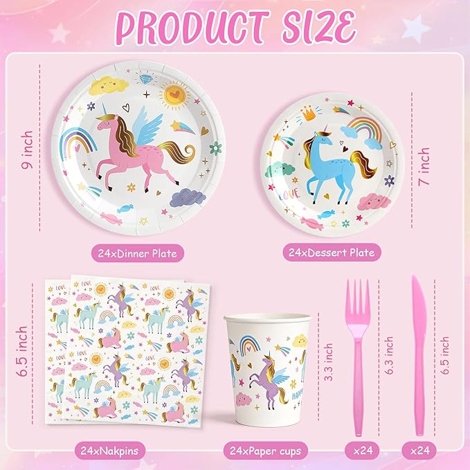 144Pcs Unicorn Birthday Party Supplies Decorations Kids Girl Themed Paper Plates Napkins Vintage Party Tableware Disposable Dinnerware for Girl Kid Birthday Baby Shower Table Decor, Serve 24