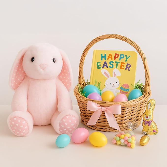 Pink Rabbit Bunny Stuffed Animal Plush Toys with Floppy Ears & Heart Print for Lover, Kids, Boys, Girls, Babies - Perfect Birthday Nursery Décor Easter Christmas Bedtime Gift