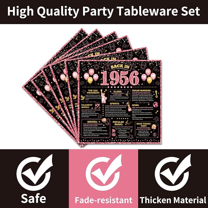 96Pcs 70th Birthday Decorations Women Tableware Set Rose Gold Back in 1956 Paper Plates Napkins Forks Cheers to 70 Years Disposable Tableware Decor for 70th Bday Theme Party Favor Serve 24 Guests