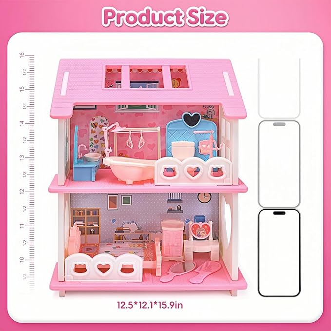 Doll House,with Living Room Bedroom Bathroom Kitchen Furniture Playset, Double-Sided Dollhouse with 1 Dolls,3 Sets Doll Clothes, Lights, Furniture and Accessories