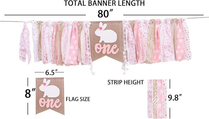 Pink Happy Birthday Banner - 1st Birthday High Chair Banner, Rabbit Themed Photo Props, Princess Party Decorations Supplies for Baby Girl