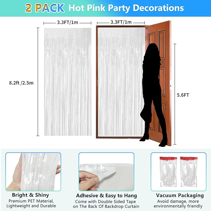 White Foil Fringe Backdrop Curtain 2 Pack 3.3x8.2 Ft, White Tinsel Streamers Birthday Party Decorations Fringe Backdrop for Birthday Graduation Christmas Halloween Baby Shower Gender Reveal
