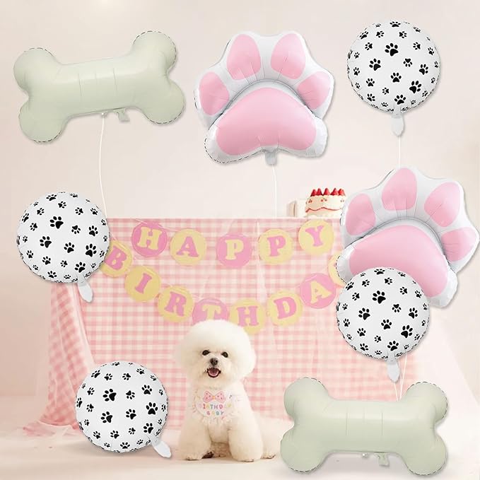 8 Pcs Dog Balloons 30 Inch Bone Foil Balloons Paw Print Balloon Dog Birthday Decorations Pink Dog Paw Balloon Pets Puppy Themed Birthday Party Decorations Supplies