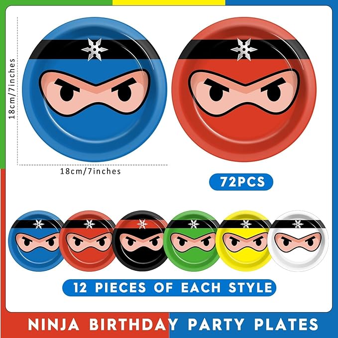 72PCS Ninja Birthday Plates Karate Party Supplies Ninja Warrior Tableware Master Plates Disposable Paper Dessert Plates for Boys Girls Kids Baby Shower Favors 6.7 * 6.7inch