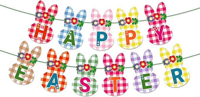 CC HOME Happy Easter Checkered Rabbit Banner Colorful Checkered Party Hanging Banner Easter Theme Birthday Bridal Wedding Baby Shower Boys Girls Kids Home Classroom Party Supplies Decoration