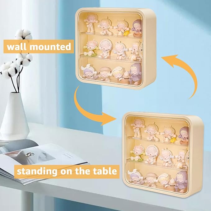 Clear Display Case for Figures, Collectibles Display Box with Shelves, Wall Mounted or Desktop Plastic Organizer, Miniature Display Case for Mini Figure Toys, 12 Inch (Yellow-1 Pack)