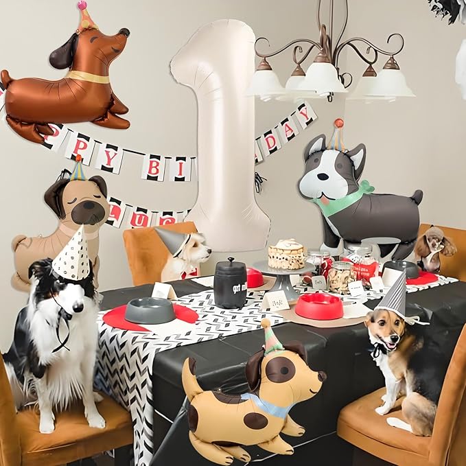 Animal Dog Balloons Puppy Balloon 40 Inch Cream White Number 1 Balloons for Dog 1st Birthday Decorations Dogs Birthday Party Supplies