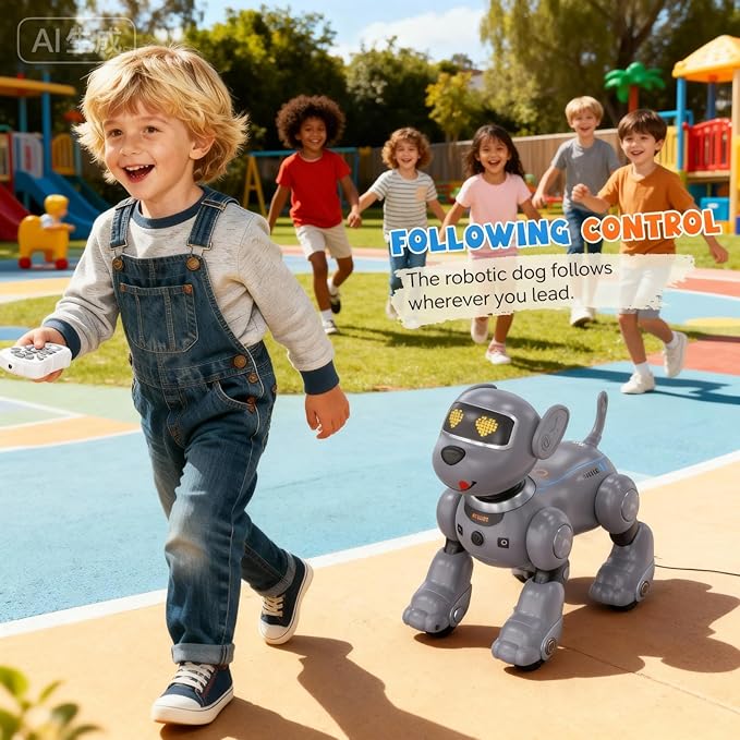 PRANITE Robot Dog, Programmable Remote Control Dog Toy for Kids with One-Key Following, Voice Control, Touch, Dance, Sing, Smart RC Stunt Puppy Toy Gift for Boys Girls (Gray)