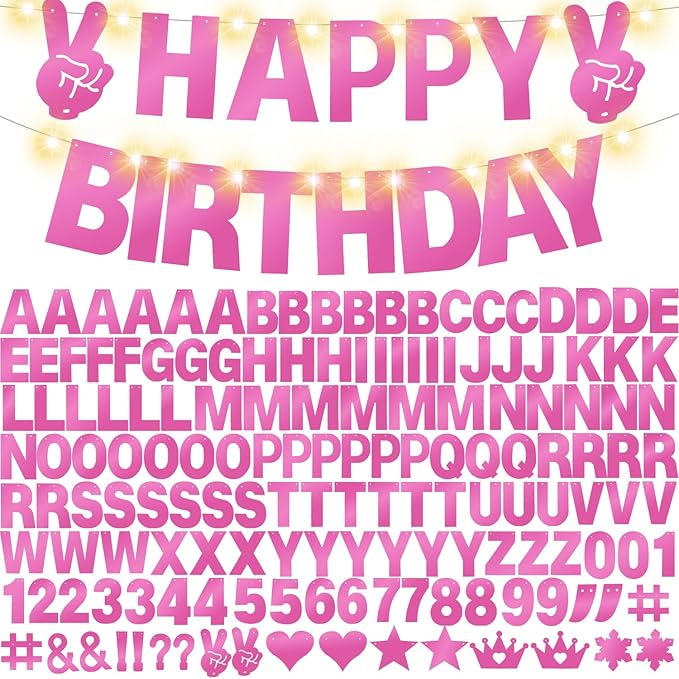 175Pcs DIY Glitter Customizable Banner Kit Happy Birthday Letter Banners Valentine's Day Garlands Personalized Love Heart Banner Decor Baby Shower Birthday Party Decorations Supplies(Shiny Light Pink)