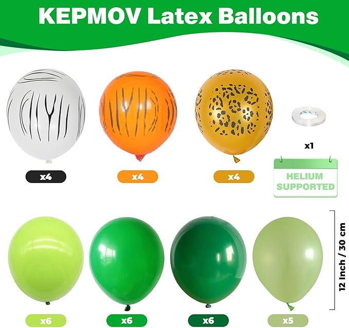 Safari Balloons, 12 Inch Jungle Party Decorations Animal Print Balloons Green Latex Balloon Leopard Zebra Tiger Printed Balloon for Jungle Safari Themed Party Dinosaur Forest Tropical Birthday Decor