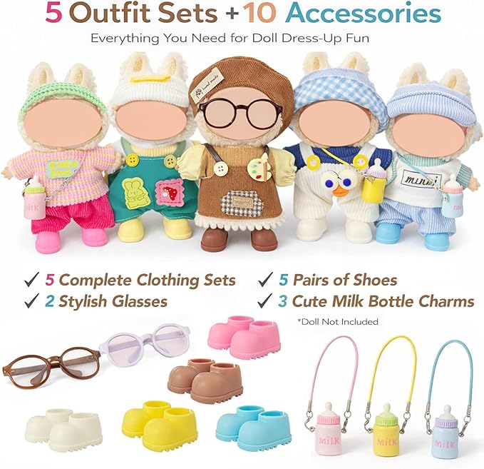 5-Pack Doll Clothes Set for 15–17cm Dolls, Includes 5 Cute Colorful Outfits with Hats and Doll Accessories, Perfect for Play and Display, Doll Accessories for Collectors (No Dolls)