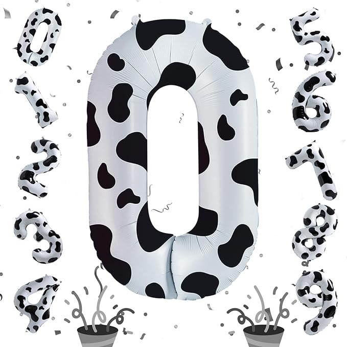 Cow Print Number Balloons for Kids, 40 Inch Foil Helium 0-9 Set Balloons, Self Inflating Big Number 0 Balloon for Boys Girls Birthday Farm Animal Theme Cowboy Cowgirl Theme Party Decoration Supplies