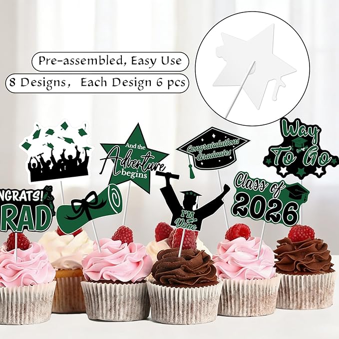 2026 Graduation Cupcake Toppers - 48 Pcs Green Graduation Party Supplies Mini Cake Food/Appetizer Picks For Class of 2026 Grad Decorations