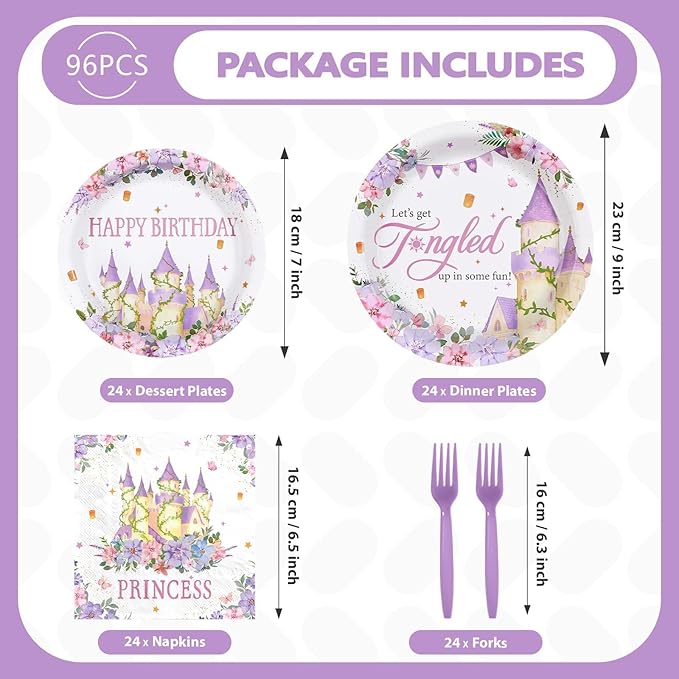 96Pcs Princess Birthday Party Supplies Purple Tower Castle Party Plates and Napkins Disposable Purple Princess Themed Tableware Set for Birthday Baby Shower Wedding Decorations, Serves 24
