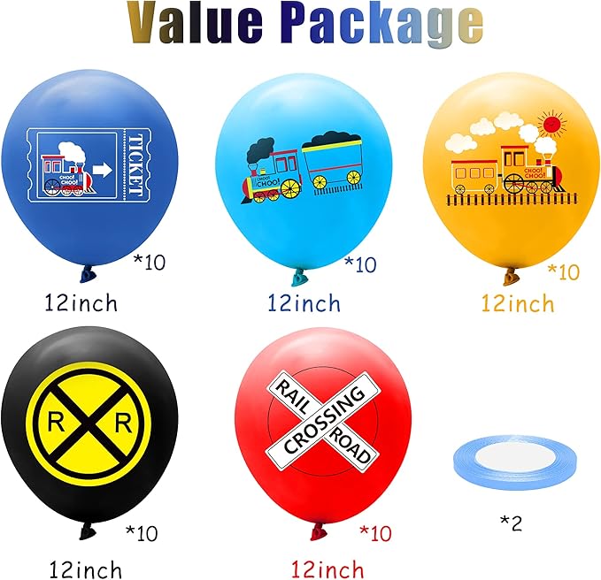 PANTIDE 52 Pcs Railroad Crossing Train Balloons Set 12 Inches Latex Balloons Bouquet with Ribbon Railway Choo Choo Steam Train Traffic Sign Party Decorations Supplies for Kids Birthday Baby Shower
