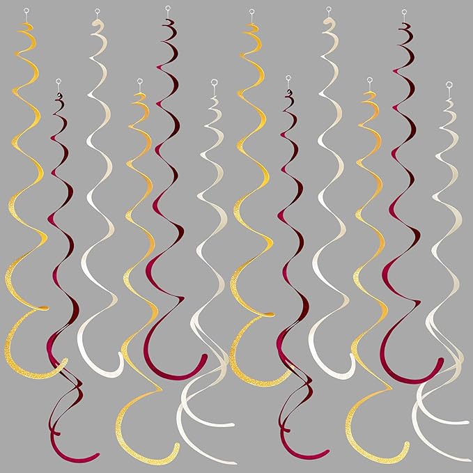 36 Pcs Maroon Gold Hanging Swirl Decorations Glitter Gold Burgundy Beige Felt Swirl Streamer Spiral Ceiling Garland for Birthday Graduation Wedding Baby Shower Retirement Anniversary Garnet Party