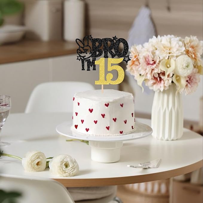 1 PCS Brother I'm 15 Cake Topper Glitter Star Happy 15th Birthday Cake Pick Bro I'm 15 Cake Decoration It's My 15th Birthday Decorations for Boys Cheers to 15 Years Old Birthday Party Supplies Gold