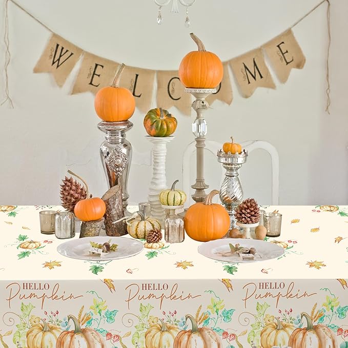 3 Pcs Fall Pumpkin Tablecloths, 54 * 108 Inch Thanksgiving Table Cover, Watercolor Pumpkin Maple Leaf Plastic Tablecloths for Fall Party, Thanksgiving Decorations
