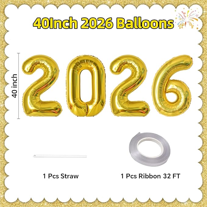 KALOR 42 Inch 2026 Gold Foil Mylar Number Balloons, 2026 New Years Decorations for 2026 Happy New Year Eve and Graduations Party Supplies