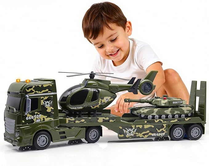 Green Military Large Truck Toys,21" Semi Army Truck Toy with Helicopters & Tank, Friction Powered Vehicles with Lights and Sounds,Christmas Birthday Gift for Kids Boys Girls Toddlers 3 4 5 6 7