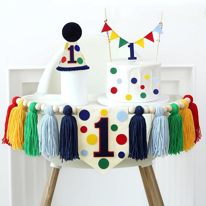 Colourful Rainbow Dot 1st High Chair Banner Conical Cap Primary Colors Cake Topper for Boys Girls Birthday Party Decorations