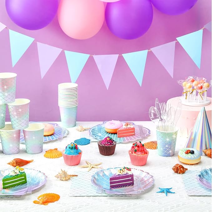 Cunhill 144 Pcs Mermaid Birthday Party Supplies Tableware Includes Mermaids Plates Napkins Cups Spoons Fork Knives for Under The Sea Party Baby Shower Dinnerware Decorations Set