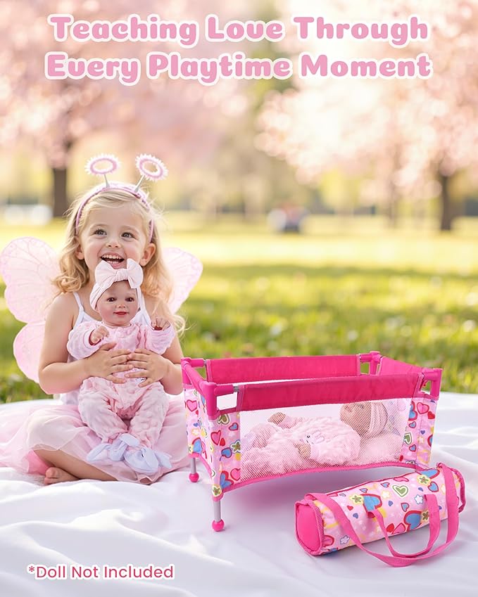 BABESIDE Baby Doll Crib for 18" Reborn Dolls,Baby Doll Bed with Storage Bag, Reborn Babydolls Accessories for Age 3+,Doll Crib Playpen for Kids,Pink