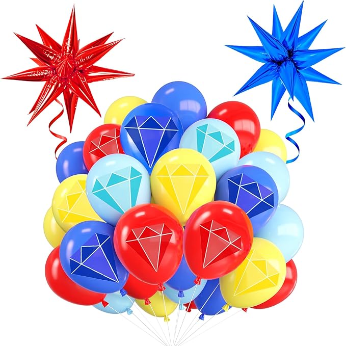Red Blue Gold Balloon 44Pcs 12 Inch，Cute Diamond Print Balloons for Cartoon Themed Birthday Party Decorations Boys Girls Gatherings Party Supplies