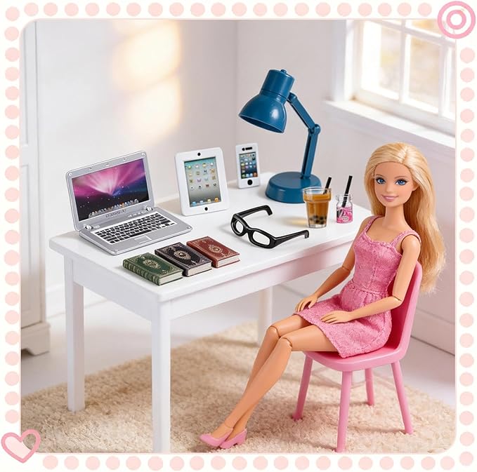 12Pcs Dollhouse Miniature Laptop Computer Tablet Phone Lamp Book Glasses Coffee Headset Simulation Accessories 1/12 1/6 Toy Pad Play Set Fits Barbie Doll Girl Mini Drink Party Office (Bule)
