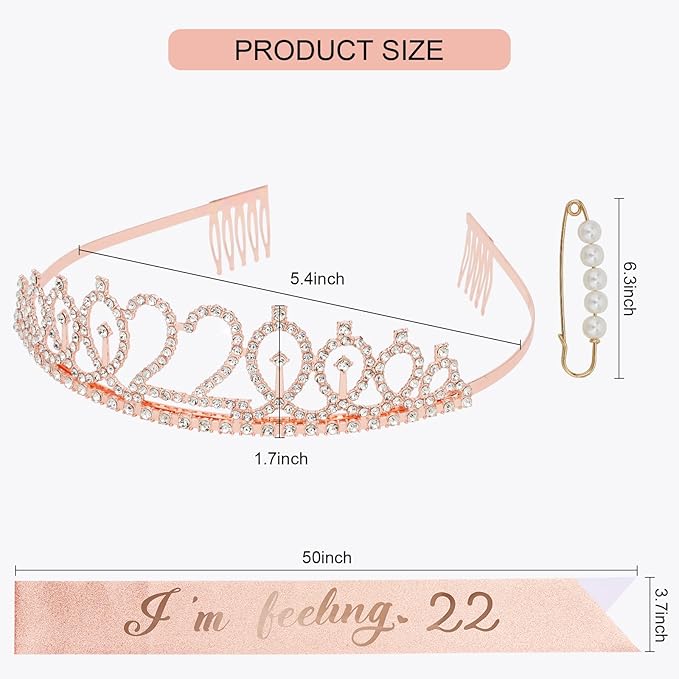 CIEHER 22nd Birthday Sash and Tiara Rose Gold, 22nd Birthday Decorations for Women 22nd Birthday Gifts 22nd Birthday Sash 22 Year Old Birthday 22nd Birthday Cake Topper