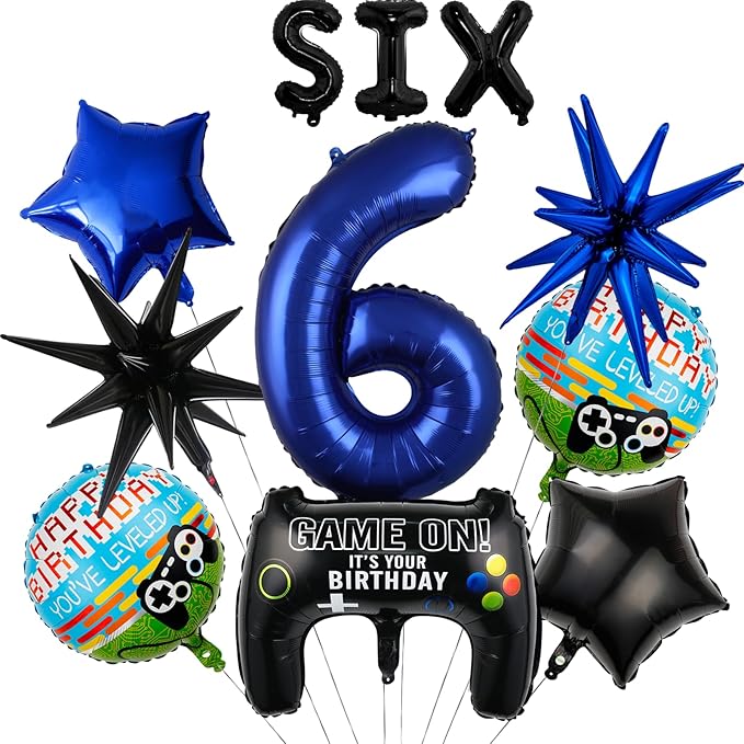 11pcs Video Game Themed Party Decorations, Number 6th Boys Birthday Party Supplies, Navy Blue Video Game Controller Mylar Foil Balloon, Video Game Party Decoration Supplies