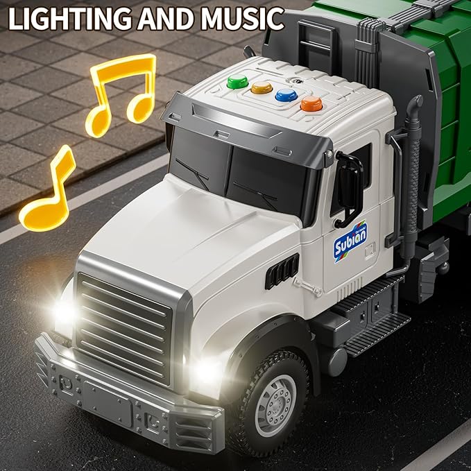 Kids Garbage Truck Toy Friction Powered Waste Management Garbage Recycling Truck with Lights, Sounds, 3 Rear Loader Trash Bins, Gifts for 3 4 5 6 7 8 Years Old Boys Girls