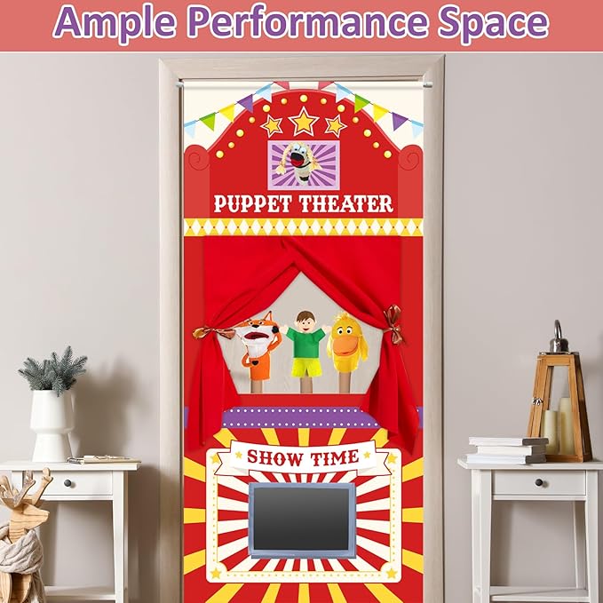 Doorway Puppet Theater with 2 Adjustable Rods 31x67 In Red Yellow Foldable Hanging Puppet Show Theater for Kids Pretend Play Hand Puppets Educational Kids Activities Toys Easy to Set Up Put Away