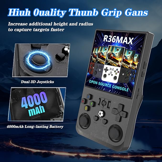 R36MAX 4000mAh Portable Rechargeable Handheld Retro Game Console,Comfort Non-Slip Handheld Standing Retro Game Console with 64G TF Car,4.0-inch Screen,for Office,Black