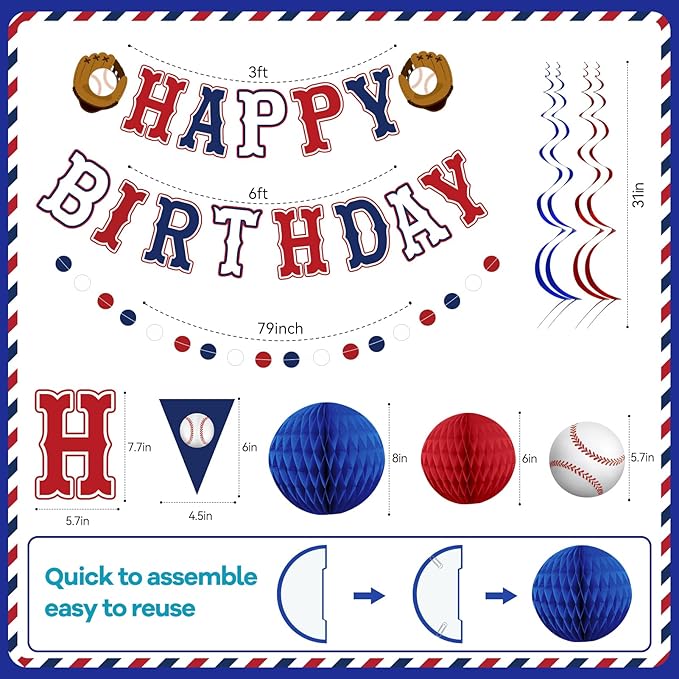 Baseball Birthday Decorations, Baseball Party Decorations Include Banner, Honeycomb Balls, Hanging Swirl Streamers, Circle Dots Garland for Baseball Sports Birthdays Party Supplies for Boys