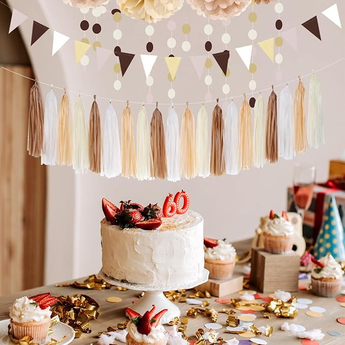 Boho Baby-Shower White-Brown Champagne Party-Decorations - 28pcs Neutral Birthday Wedding Bridal Tissue Pom Poms Streamers, Fall Autumn Tassel Garland Banner, Engagement Christmas Decor Ouruola