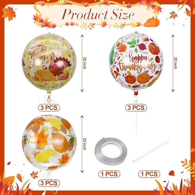 KALOR 22 Inch Thanksgiving Fall Maple Leaf Turkey Balloons, 9 Pcs Orange Large 4D Autumn Foil Balloon for Thanksgiving Party Decorations Supplies