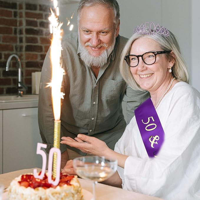 Purple 50th Birthday Decorations - Sash, Tiara, Crown & Party Favors