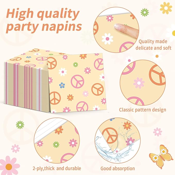 96 Pcs Groovy Birthday Party Supplies for 24 Guests Hippie Peace Sign Tableware Plates Napkins 60's 70's Two Groovy Retro Dinnerware Table Decorations Hippie Party Favor for Birthday Baby Shower Decor