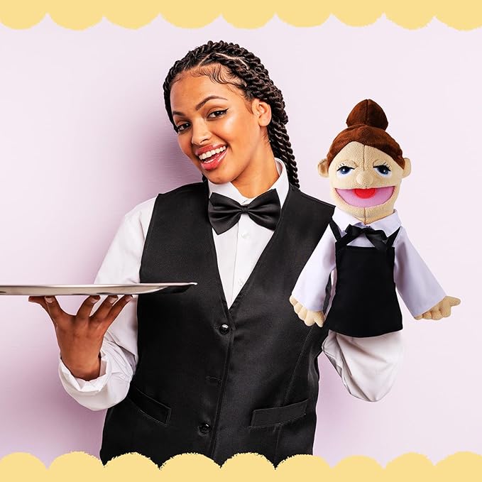 Role Play Hand Puppets Hand Plush Chef Doctor Fireman Pirate Detective Athlete Nurse Worker Hand Puppet Toys Puppets for Kids Storytelling Imaginative Pretend Play Teaching Preschool(Waiter)