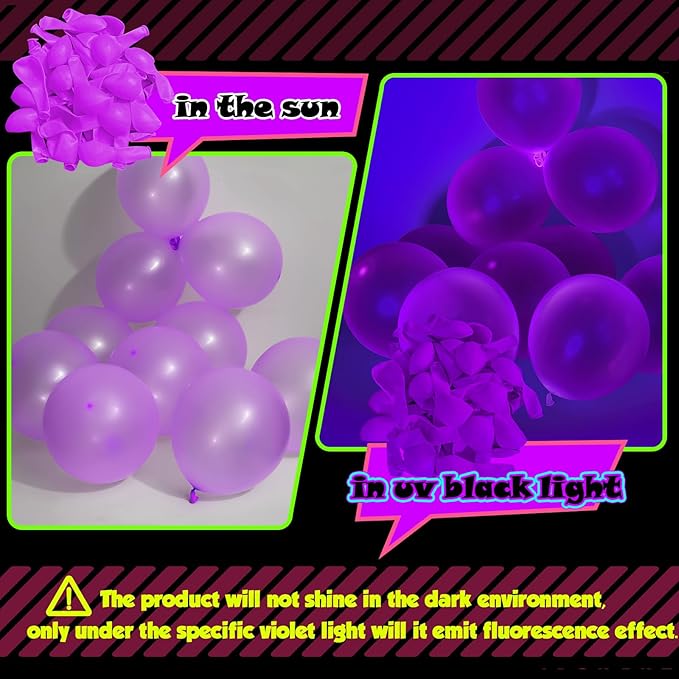 100 Pcs UV Neon Purple Balloons 12 inch Neon Party Supplies, Balloons, Glow in the Dark for Birthday, Graduation, Baby Shower,Wedding, Anniversary Valentines Party Decorations