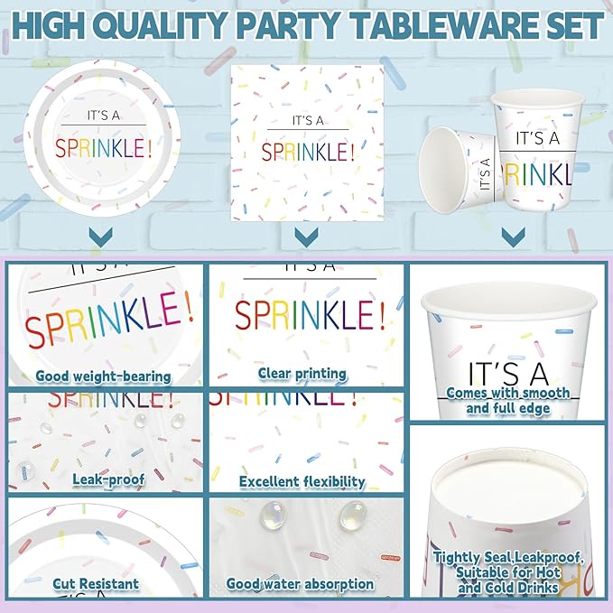Hushee 200 Pcs It's a Sprinkle Baby Shower Paper Plates Cups Napkins Party Supplies Tableware Set Disposable Cup Napkin for 50 Guest Party Decoration