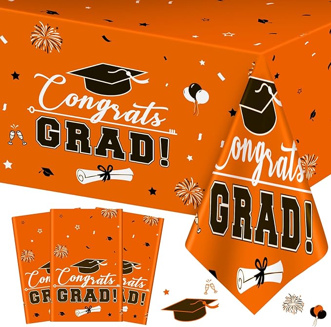 3 Pcs Graduation Tablecloth - Congrats Grad Table Cloth for Class of 2026, Disposable Plastic Rectangle Grad Table Cover for Graduation Party Decorations 2026 and Party Supplies, 54 x 108 Inch,Orange