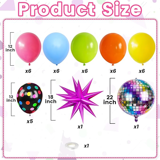 Neon Balloons, 80s 90s Disco Hot Pink Blue Green Orange Yellow Neon Dot Balloons with Star and Disco Ball Foil Balloons for 80s 90s Rock Theme Diso Party Decorations