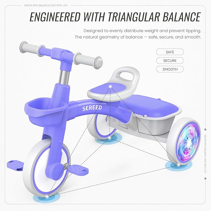 SEREED Colorful Lighting Toddler Tricycle for 2-5 Years Old Boys Girls, Adjustable Seat&Handlebar Trike, Removable Basket, Birthday Gift Idea for Kids Ages 2+ (Purple)