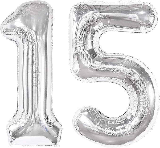 40 Inch Sliver Number 15 Balloon, Giant Number 15 Balloons for 15th Birthday Decorations, Party Supplies for Baby Boy Girl, Sliver Party Decor