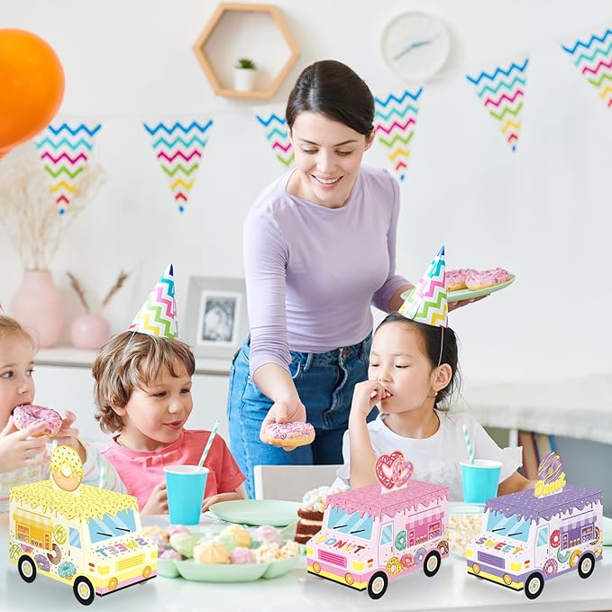 Seajan 24 Pcs Donut Party Favor Boxes - Sweet One Two Truck Treat Goodie Candy Gift Bags for Doughnut Grow Up Theme 1st 2nd Birthday Baby Shower Table Decorations Supplies for Guests