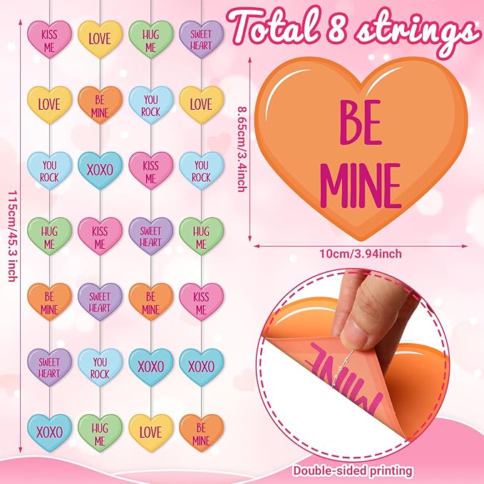 Capoda 8 Pcs Valentines Day Candy Heart Decorations Valentine Paper Heart Garland Decor Colorful Love Hanging Banners for Sweet Day Wedding Anniversary Birthday Party Supplies