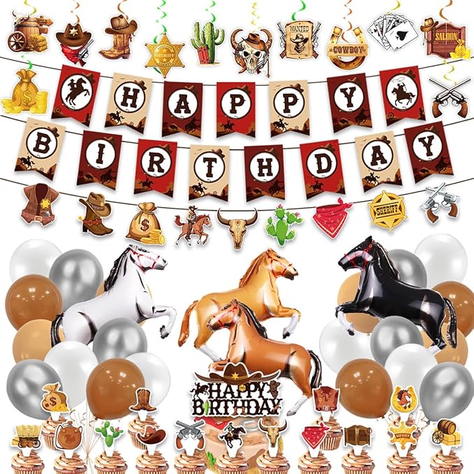 Western Cowboy Birthday Party Supplies,Western Cowboy Birthday Party Decorations Supplies Include Banner,Horse Balloons,Cake Toppers, Spiral Party Decoration
